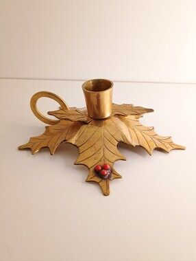 Vintage Solid Brass Holly Candle Holder